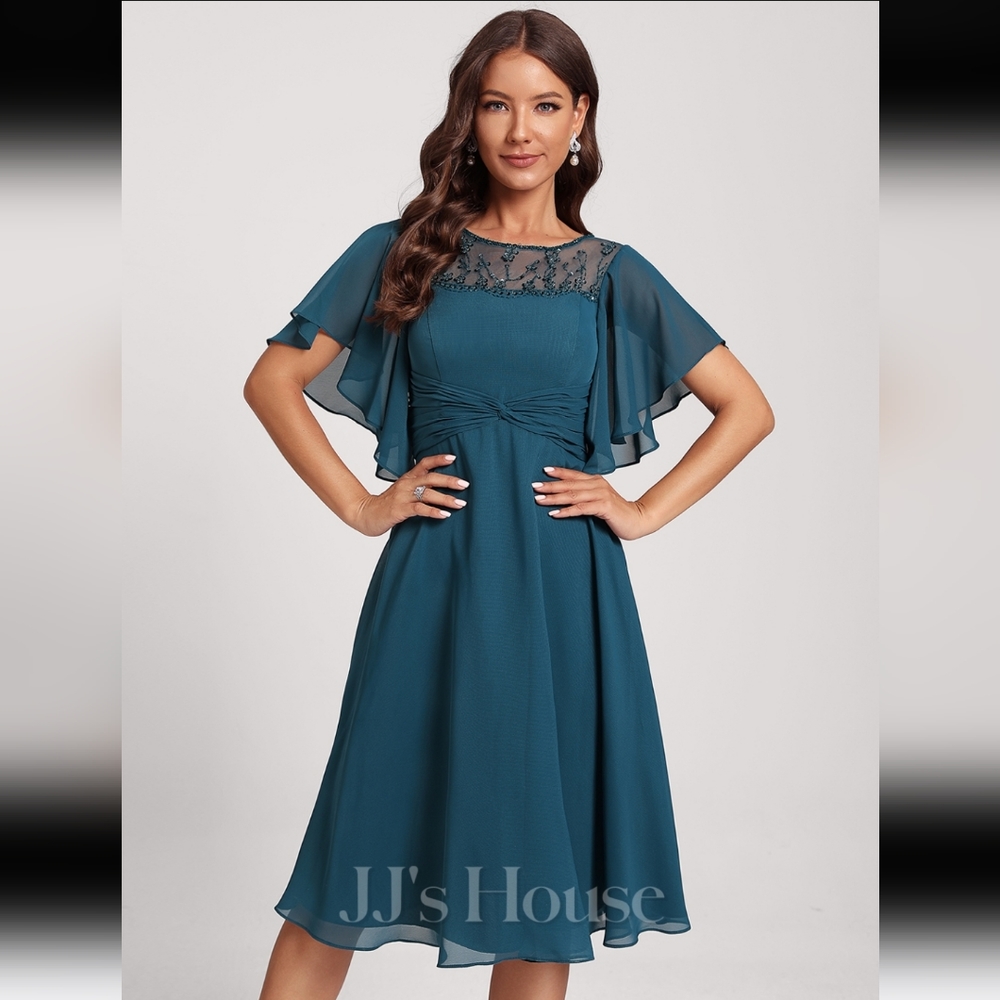 JJ's House A-line Scoop Knee Length Chiffon Cocktail Dress with Beadinf Sequin